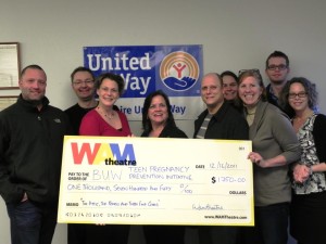 Kristen van Ginhoven, Artistic Director, with WAM Board Member’s Nick Webb and Jim Benson present check to Kristen Hazzard, President and CEO of Berkshire United Way and Frank La Frazia, co-chair of the sexual education TPPI subcommittee, Nina Garlington, BUW Director of Resource Development, Pam Malumphy, co-chair of the TPPI Parental Engagement subcommittee, Jonah Slattery, BUW Executive Assistant and Karen Cole, Coordinator of the Pittsfield Prevention Partnership.