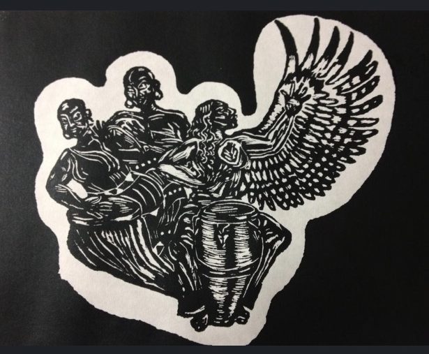 A woodcut of three BIPOC figures. The figure in the foreground is playing a large standing drum. their upraised hand is becoming a feathered wing.