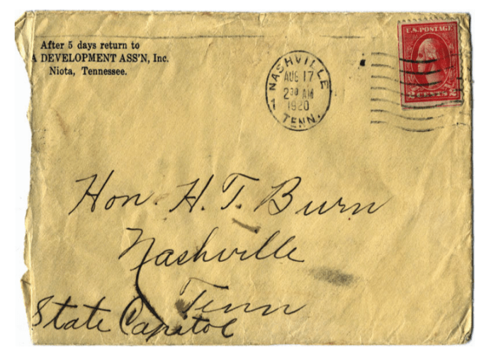 A yellowed enveloped addressed to the Honorable H. T. Burn at the State Capitol in Nashville, Tennessee and postmarked August 17, 1920.