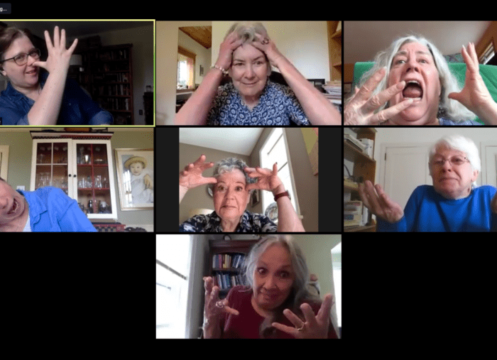 Seven older white women make funny faces in a Zoom collage.