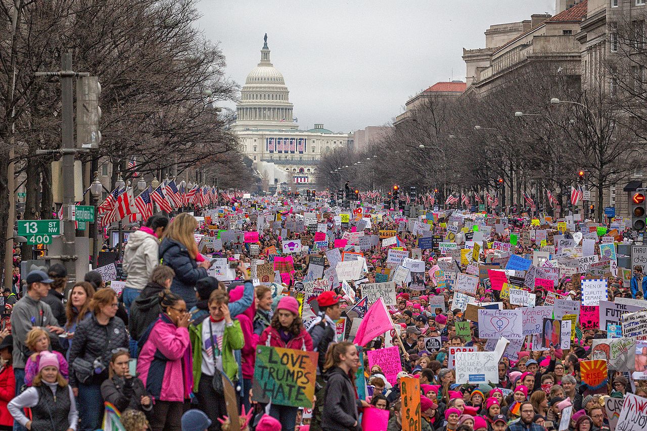 Hundreds of women, many wearing pink hats and carrying protest signs at the 2017 Women's March. The US capitol building is in the background.