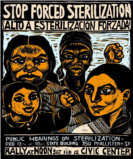 A poster featuring woodcut artwork advocating against enforced sterilazation.