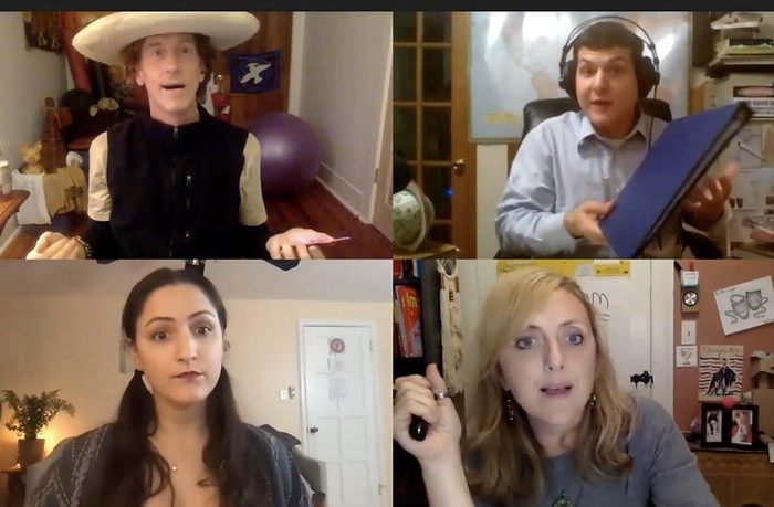 Zoom collage of four actors. Clockwise from top left: White man wearing a black shirt and a wide brimmed straw hat. A white man in earphones wearing a light blue button down shirt holding a bound script. Young woman with long brown hair in pigtails. Middle aged white woman with blonde hair.