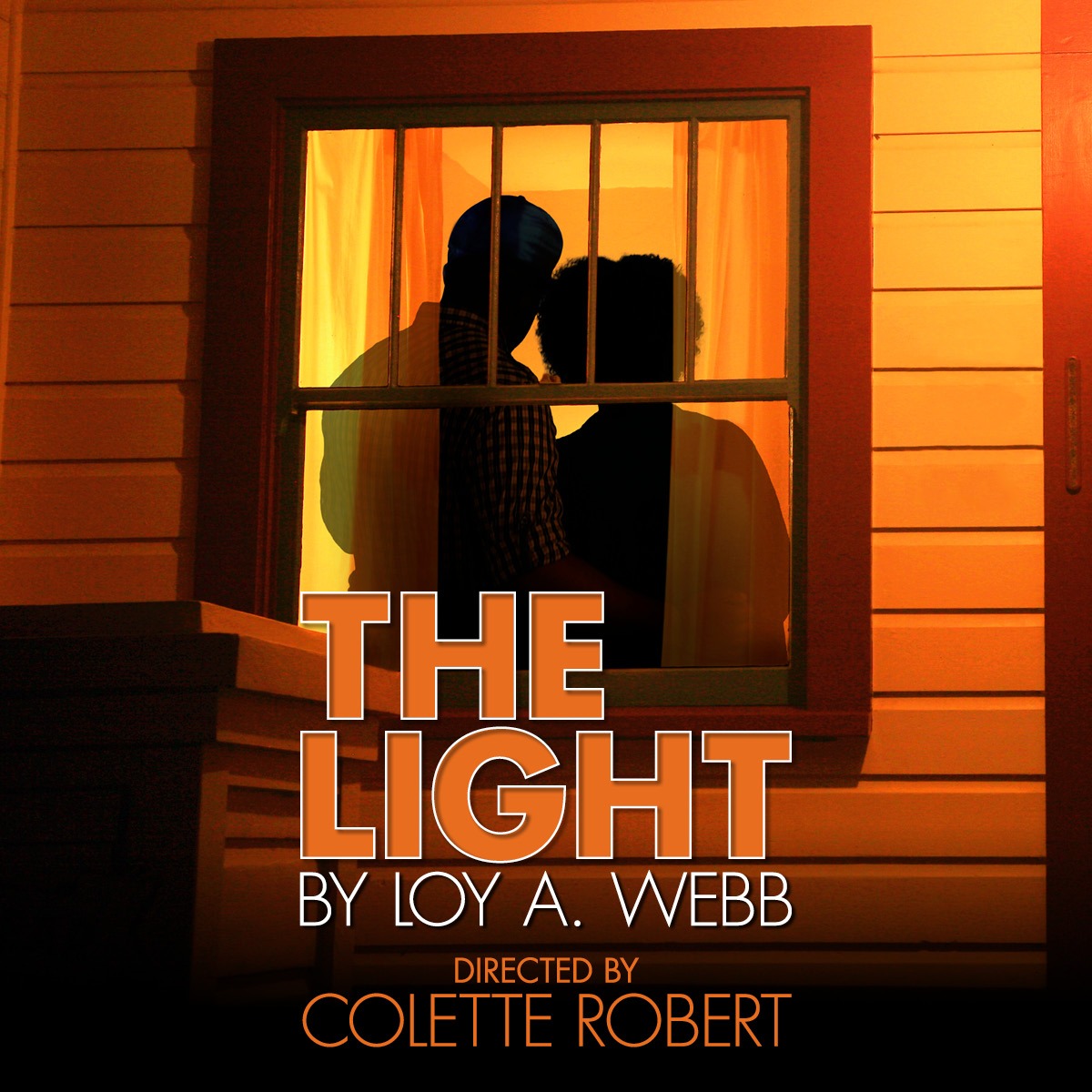 Marketing graphic for THE LIGHT in shades of orange, yellow, and brown. A Black couple is silhouetted in a window.
